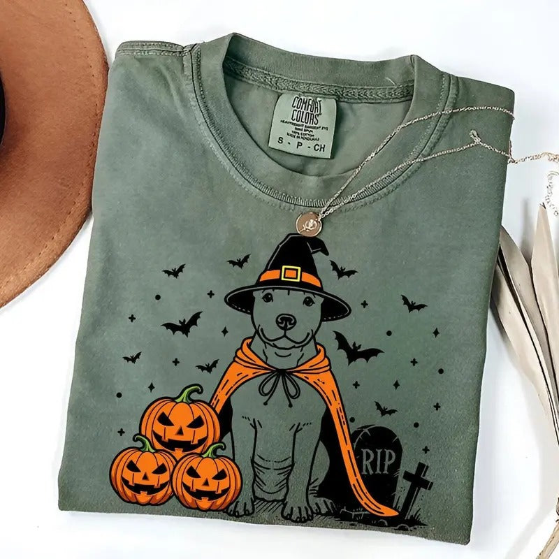 Comfort Colors Pitbull Halloween Shirt | Spooky Pittie Witch T-Shirt | Pumpkin Pitbull Dog Tee | Funny Halloween Dog Lover Gift | Fall Pit Bull Shirt