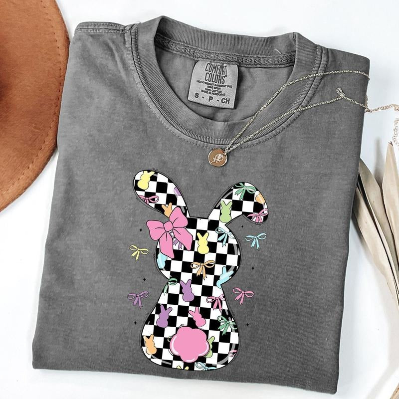 Comfort Colors Retro Checkered Easter Coquette Bow T-shirt, Easter Bow Shirt, Easter Bunny Shirt, Unisex T-Shirt