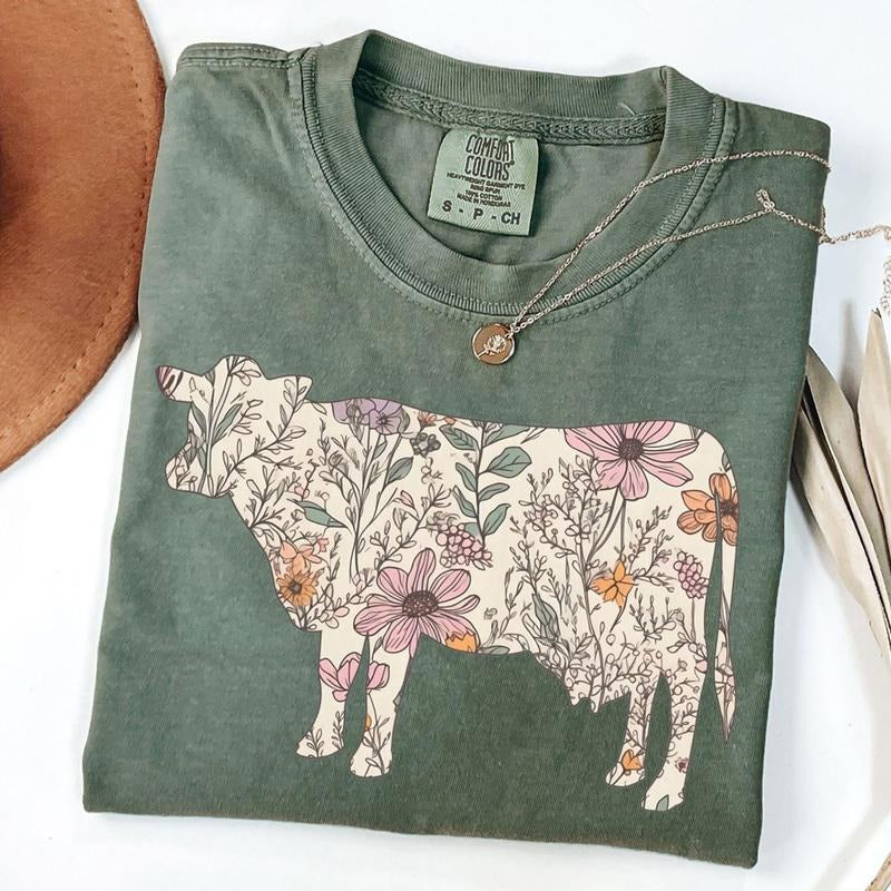 Comfort Colors Retro Cow Lover T-Shirt, Trendy Western Cow Shirt, Gift for Cow Lover, Wildflower Cow T-Shirt