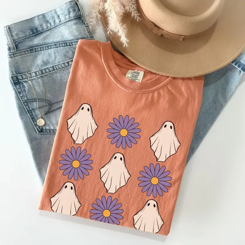 Comfort Colors Retro Halloween Flower Ghost Shirt, Floral T-shirt, Cute Boho Halloween Shirt, Pumpkin Patch Shirt, Fall Shirt