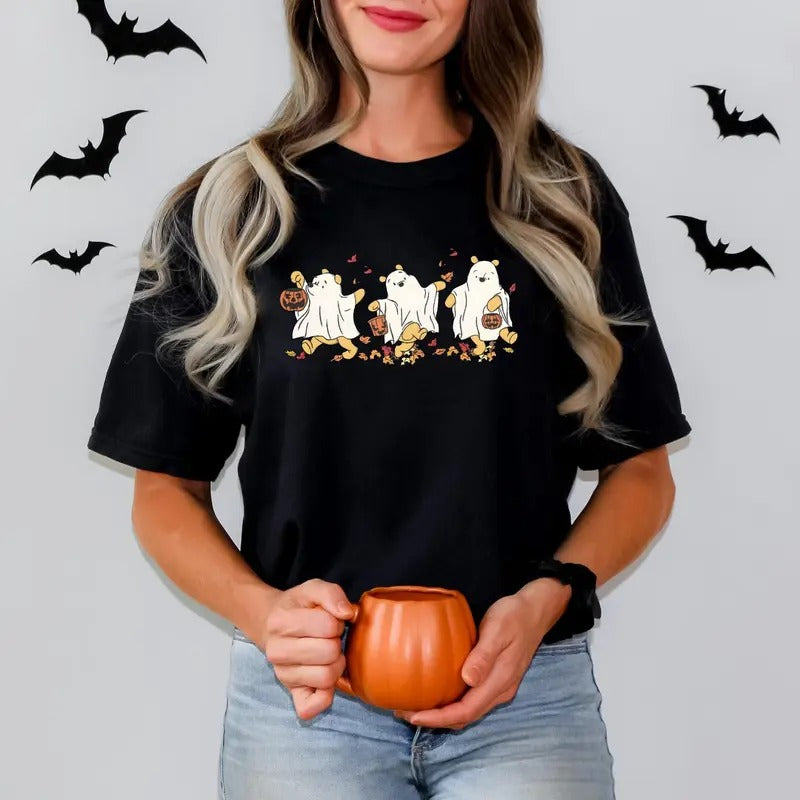 Comfort Colors Retro Halloween Winnie The Pooh Ghost Shirt, Spooky Season Shirt, Halloween Women's Shirt, Cute Fall Autumn Leaf Shirt