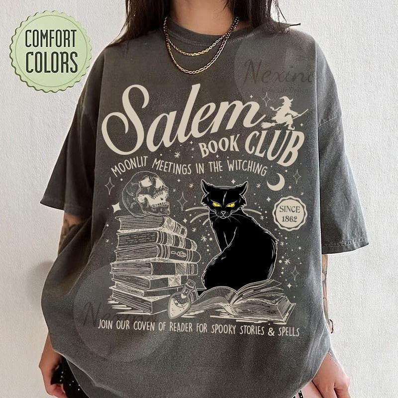 Comfort Colors Salem Book Club Shirt, Bookish Halloween Shirt, Black Cat Spooky Book Lover T-Shirt, Salem Witches Shirt, Spooky Season Thriller Reader
