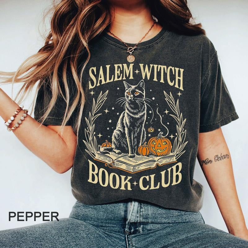 Comfort Colors Salem Witch Book Club, Black Cat T-shirt, Witch Shirt, Spooky T-shirt, Halloween Black Cat Shirt, Iprintasty Halloween
