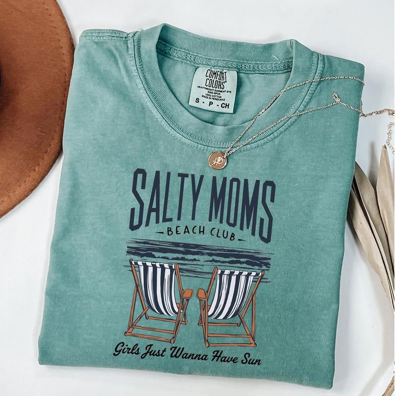 Comfort Colors Salty Moms Beach Club Shirt, Funny Mom Tee, Retro Beach Girl T-Shirt