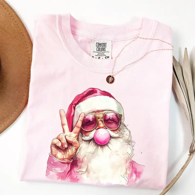 Comfort Colors Santa Blowing Bubble Christmas Shirt, Santa with Sunglasses Christmas Tee