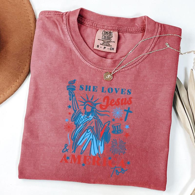 Comfort Colors She Loves Jesus and America Too Shirt, America Needs Jesus T-Shirt, Christian 4th July Tee