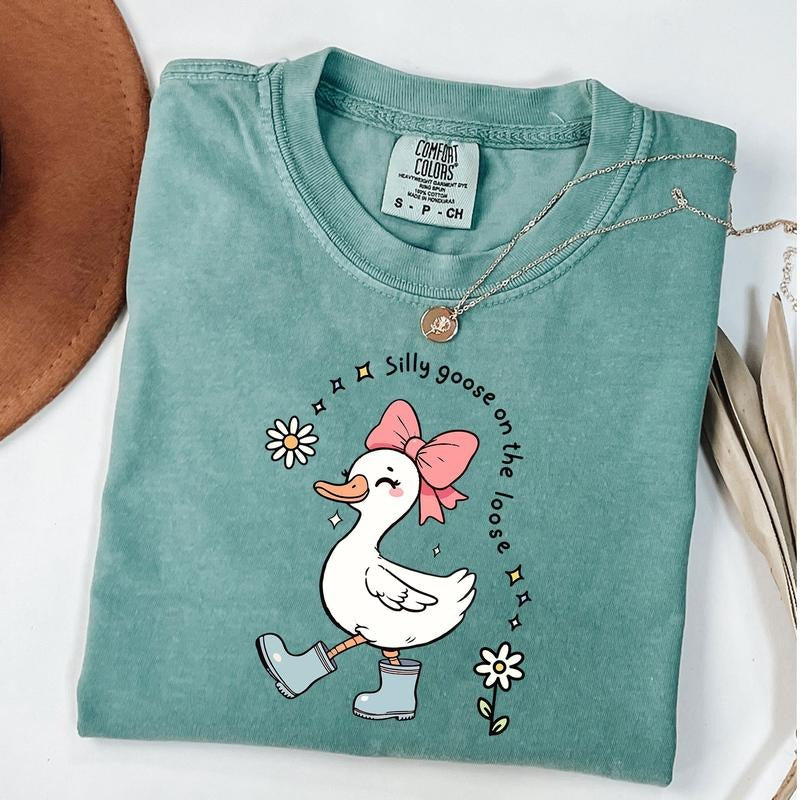 Comfort Colors Silly Goose On The Loose Shirt, Silly Goose Daisy Shirts, Funny Graphic Shirt, Bow Goose Tee, Unisex T-Shirt