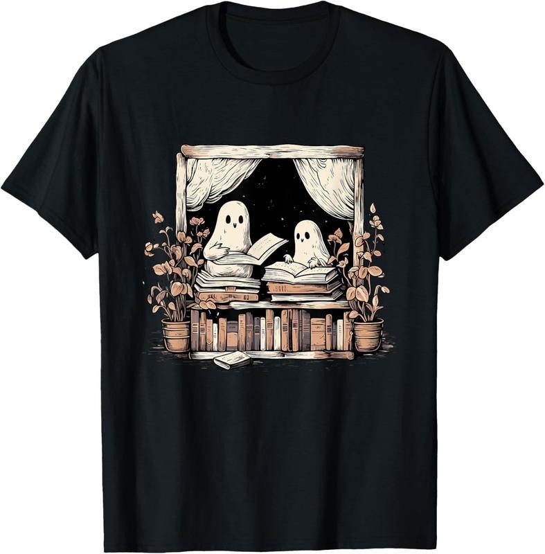 Comfort Colors Spooky Ghost Reading Books in a Library T-Shirt