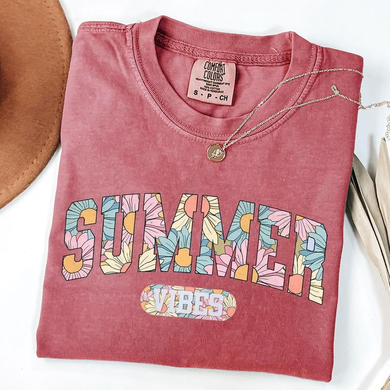 Comfort Colors Summer Vibes T-Shirt, Retro Beach Shirt, Sunny Days Tee, Floral Varsity T-Shirt, Trendy Vacation T-Shirt, Summer Graphic Shirt