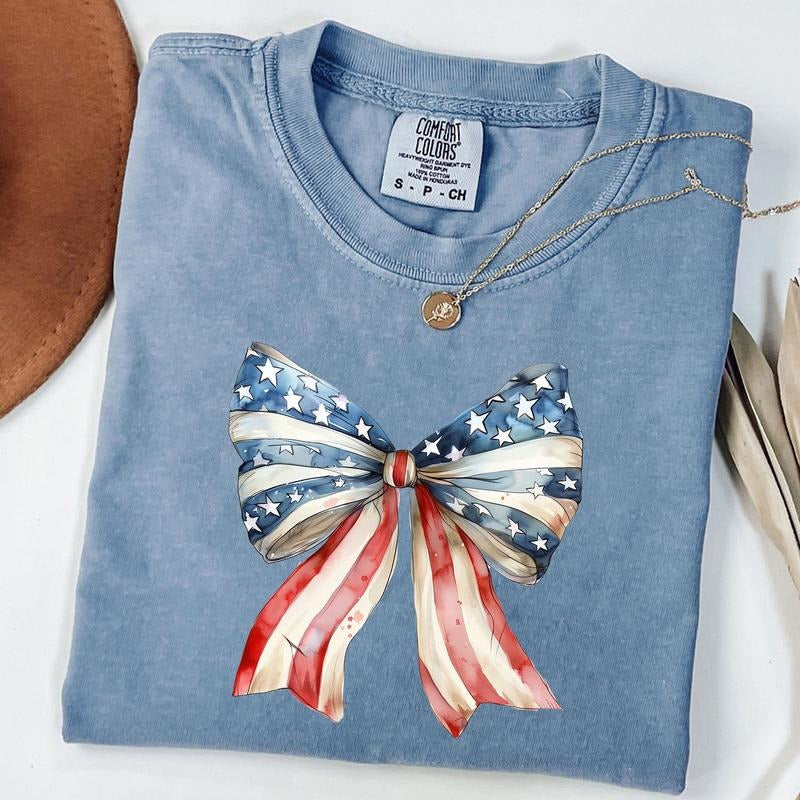 Comfort Colors USA Coquette Bow Shirt, 4th of July Bows T-Shirt, American Flag Tee, Trendy 4th of July Shirt