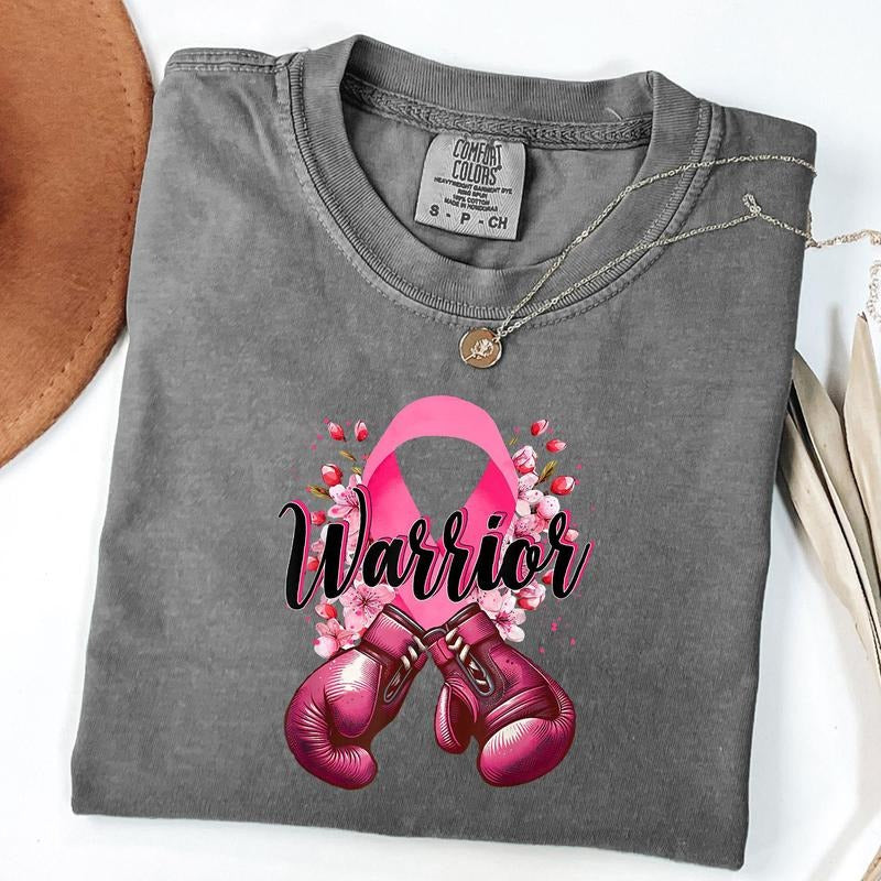 Comfort Colors Warrior Boxing Gloves Pink Ribbon Breast Cancer Awareness T-Shirt