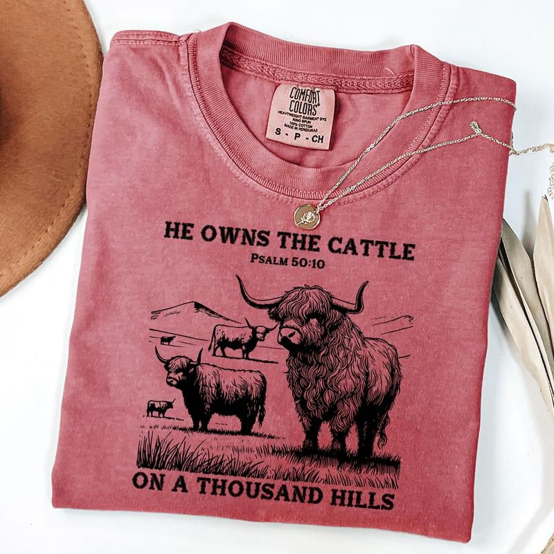 Comfort Colors Western Cow Shirt, He Owns the Cattle on a Thousand Hills Shirt, Bible Verse Christian Tshirt, Western Christian Tee