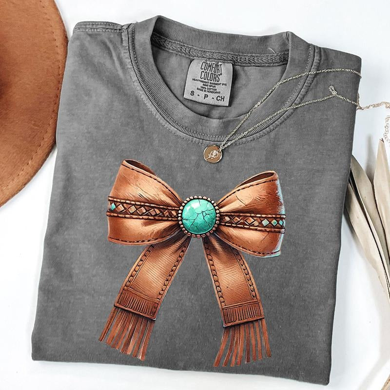 Comfort Colors Western Cowgirl Bow Shirt, Howdy Turquoise Bow Shirt, Cowhide Bow Tshirt, Coquette Cowgirl Aesthetic, Yeehaw Vibes Tee