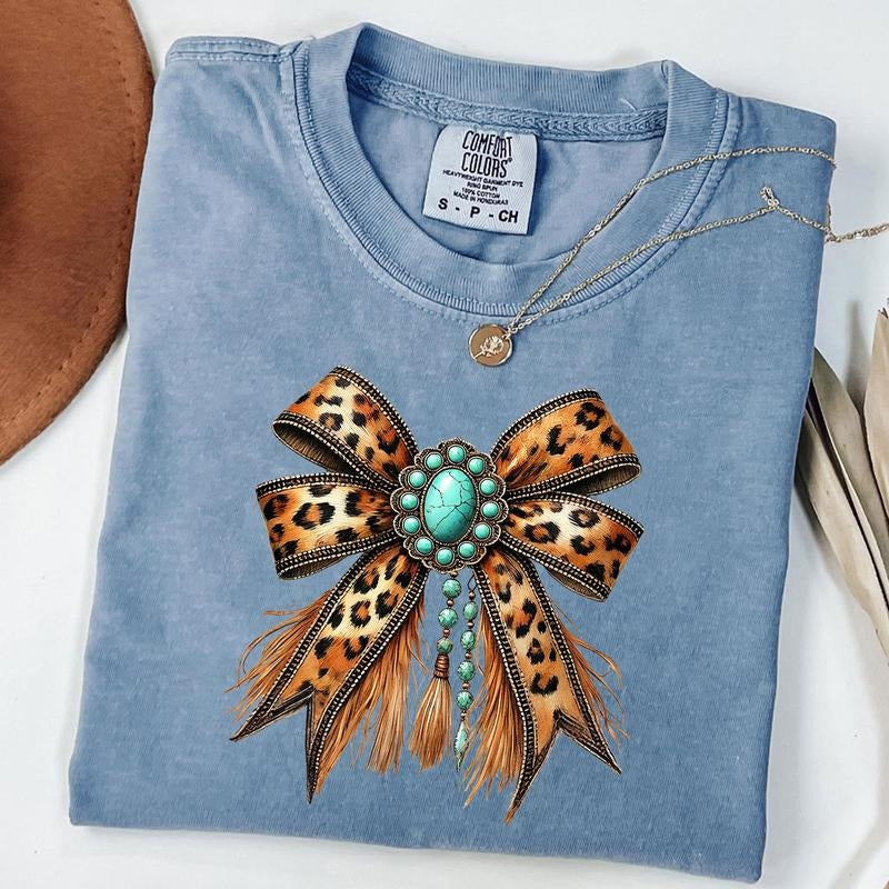 Comfort Colors Western Cowgirl Bow Shirt, Turquoise Bow Shirt, Leopard Bow Tee, Rustic Western T-Shirt, Cowgirl Aesthetic, Country Girl Outfit