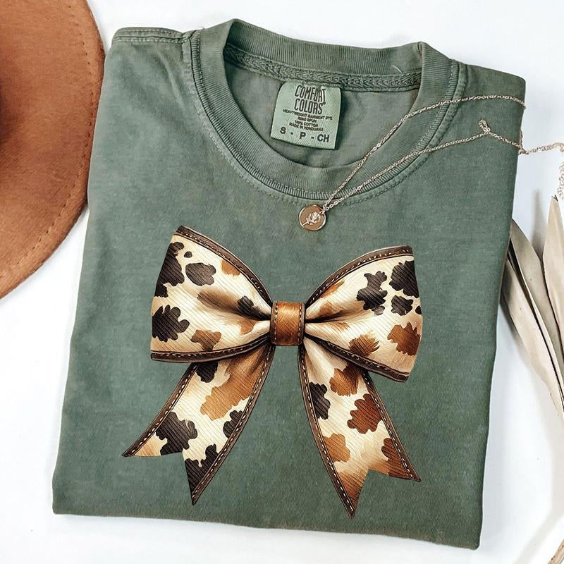 Comfort Colors Western Cowgirl T-Shirt, Cowhide Print Bow Shirt, Boho Style Tee, Cowgirl Vibes Shirt, Western Outfit
