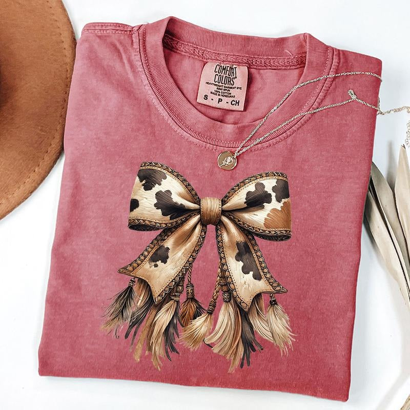 Comfort Colors Western Cowgirl T-Shirt, Cowhide Print Bow Shirt, Boho Tassel Tee, Cowgirl Vibes Shirt, Western Outfit