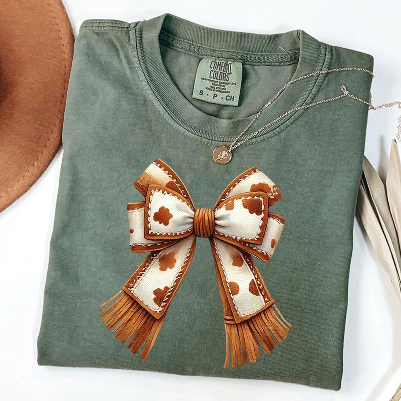 Comfort Colors Western Cowgirl T-Shirt, Cowhide Print Bow Shirt, Boho Tassel Tee, Cowgirl Vibes Shirt, Western Outfitstyle{n002}2