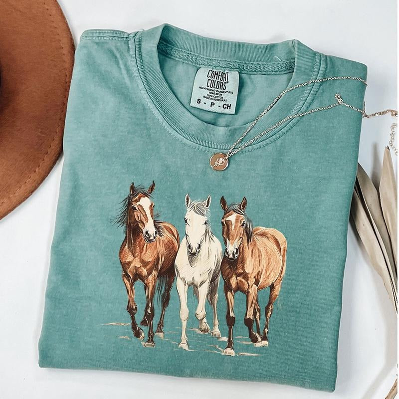 Comfort Colors Western Horses T-Shirt, Horse Lovers Holiday Gift, Trendy Western Gift, Cute Women Gift