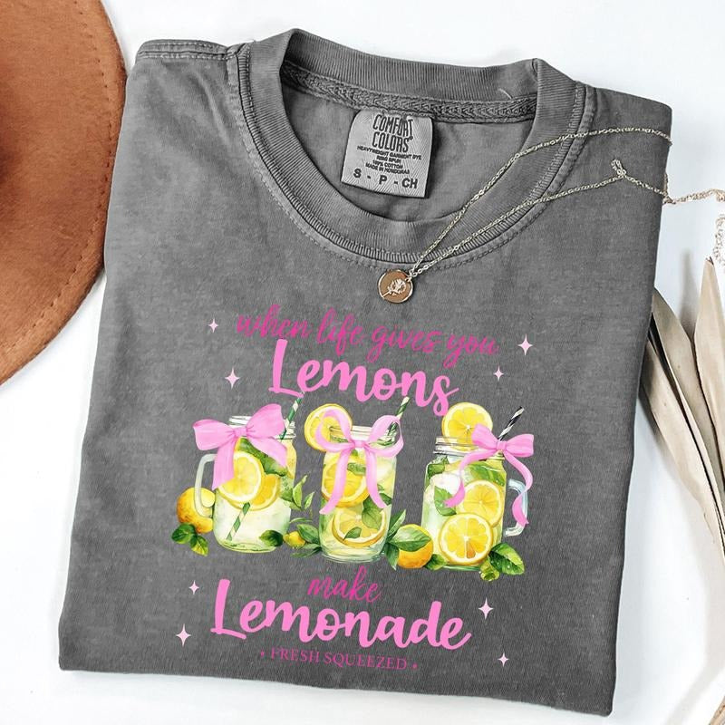 Comfort Colors When Life Gives You Lemons Make Lemonade Tee, Retro Fancy Lemon Shirt, Coquette Bow Summer Vibes T-Shirt, Trendy Bow Summer Shirt