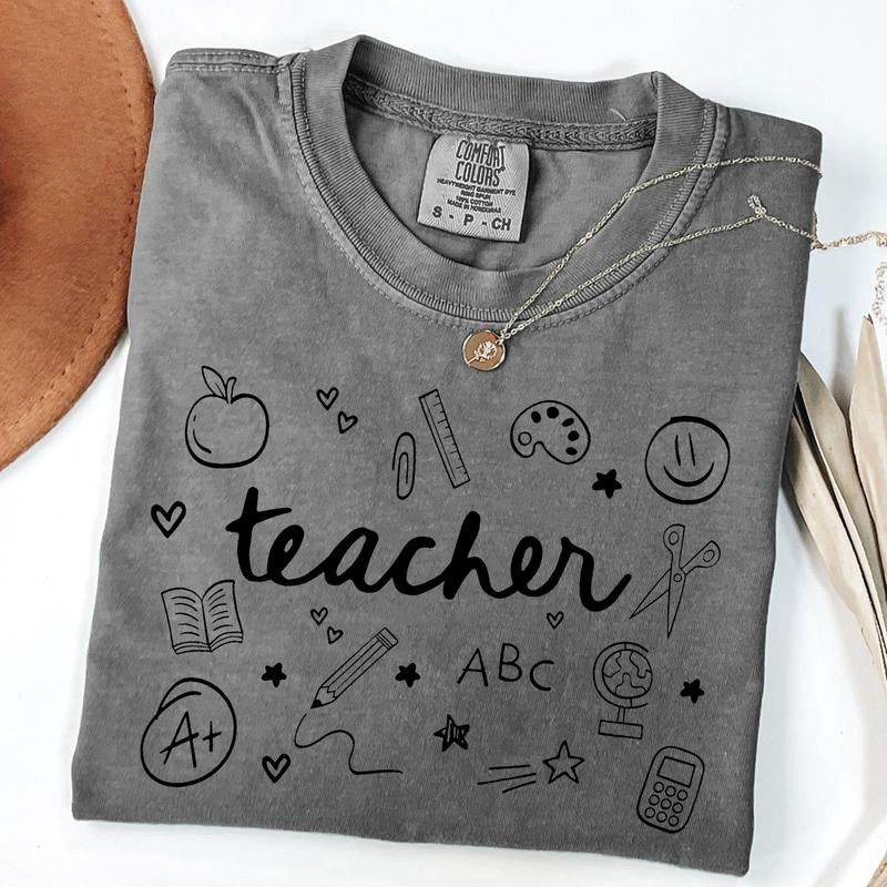 Comfort Colors Whimsical Teacher Shirt, Teach Doodle T-Shirt, Appreciation Gift for Teachers, Trendy Teacher Shirts, Back to School Team