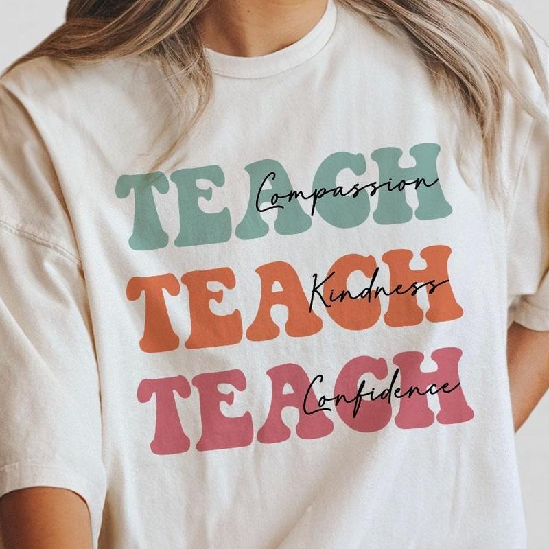 Compassion Kindness Confidence Teacher Shirt, Gifts for Teacher, Comfort Colors Groovy Teacher Shirt, Kindergarten Teacher Tee, Cute Preschool Teacher, First Day of School, Teacher Appreciation Gifts, Love Teacher Tshirt, Student Teacher Women Top Casual