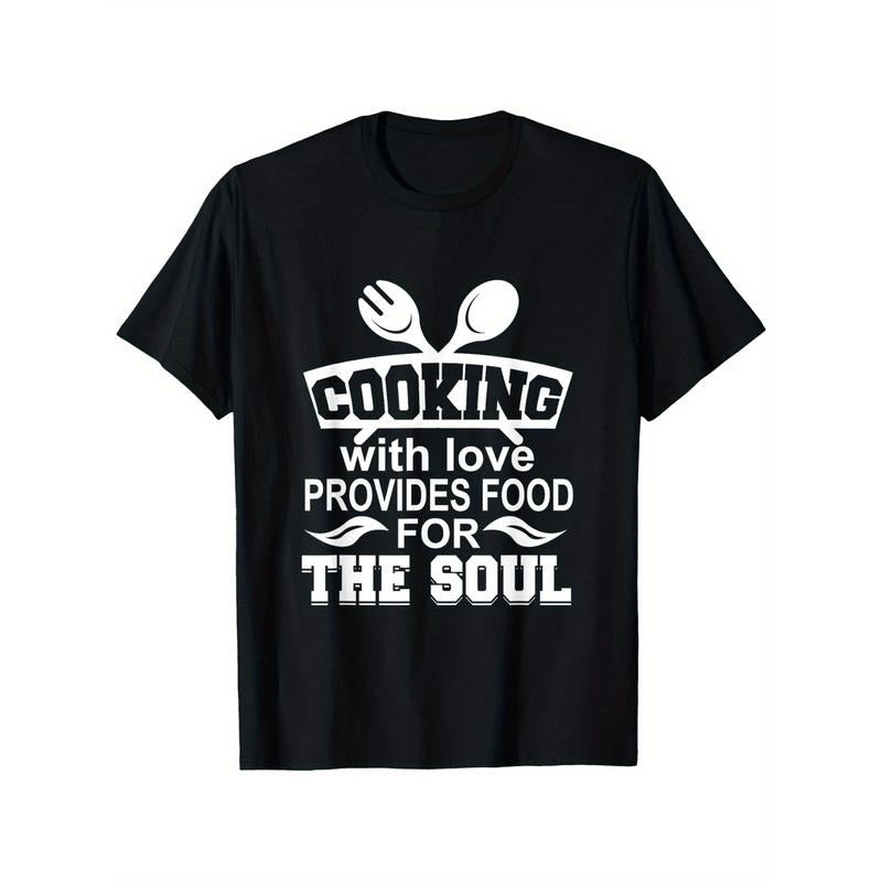 Cooking with Love Food for the Soul Chef T-Shirt, 100% Cotton, Casual Crew Neck, Short Sleeve, Regular Fit, Slight Stretch, Knit Fabric, for Men and Women, All-Season Pullover Made in USA