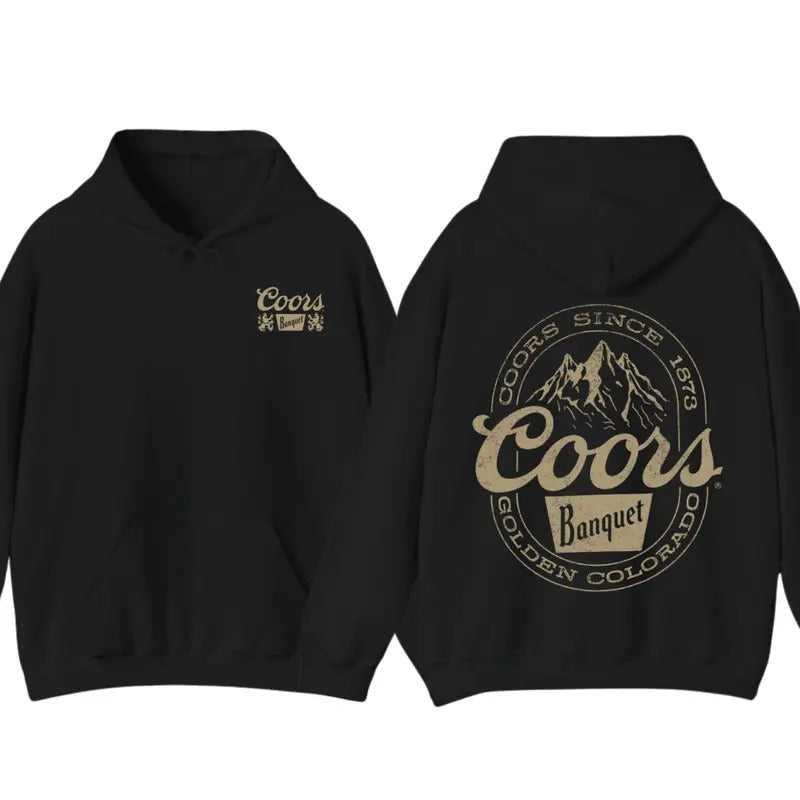 Coors Banquet Hoodie - Classic and Rugged Design Featuring Retro Coors Logo with Mountain Graphics, Perfect for Beer Enthusiasts and Outdoor Adventurers, Comfortable Black Unisex Hoodie for Everyday Wear Menswear Sweaters