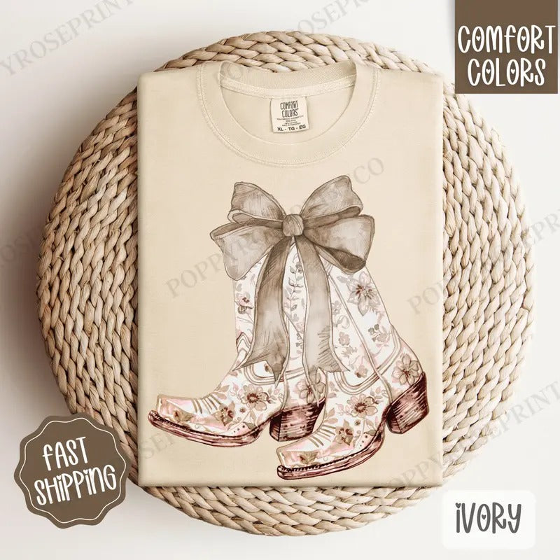 Coquette Beige Boots Shirt Comfort Colors, Women's Beige Cowgirl Bow Boots Tee, Cute Women's Tshirt