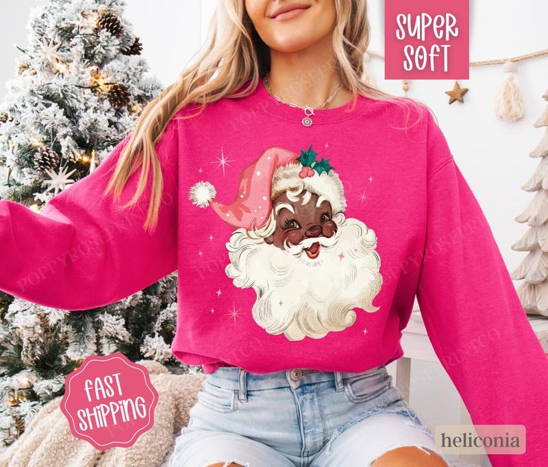 Coquette Black Santa Christmas Sweatshirt, Merry Christmas Sweater, Women's Holiday Crewneck funny santa