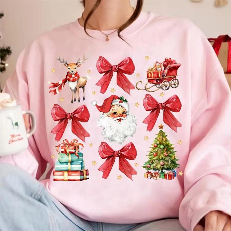 Coquette Bow Christmas Sweater, Santa Claus Christmas Tee Shirt, Coquette Santa Xmas Sweatshirt, Retro Christmas Shirt