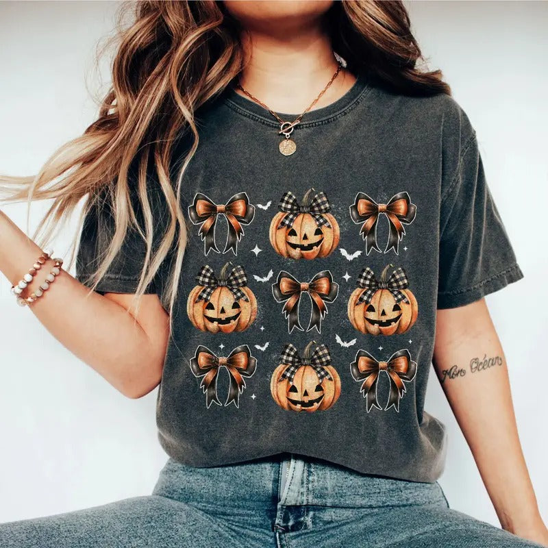 Coquette Bow Pumpkin Halloween Shirt, Buffalo Plaid Pumpkin Shirt, Coquette Halloween Tee, Retro Halloween Sweatshirt, Spooky Season Tee, Fall Pumpkins TShirt, Thanksgiving Pumpkins Tee, Fall Shirt for Mom, Comfort Shirt for Women, Women Top
