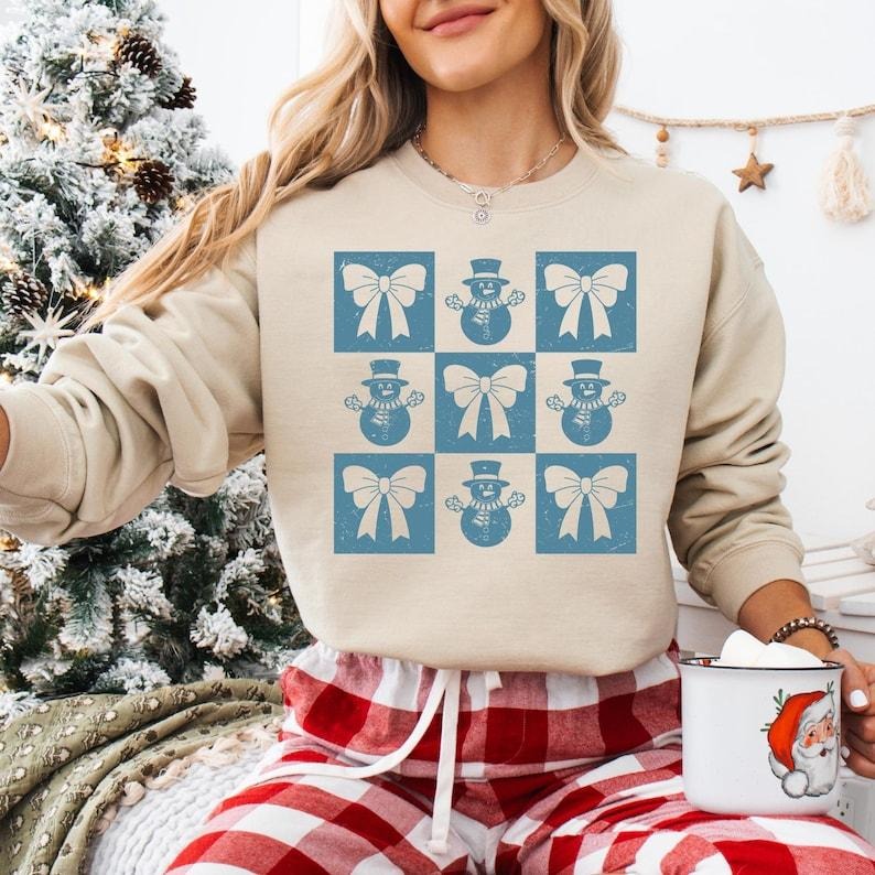 Coquette Bow Snowman Christmas Sweatshirt, Checkered Snowmies Xmas T-shirt, Merry And Bright Tee, Vintage Christmas Shirt, Christmas Gift