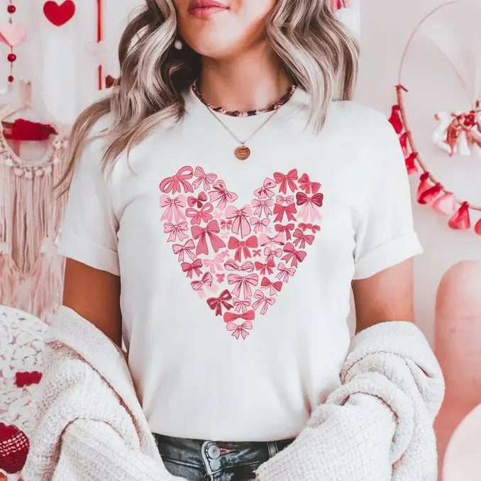 Coquette Bow Valentine's Day Tshirt, Pink Bow Heart Valentine Sweatshirt, Pink Bow Valentines Day Shirt, Retro Valentine Day Bow Shirt Top Womenswear