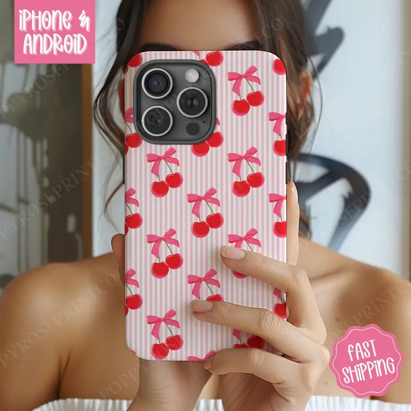 Coquette Cherry Phone Case, Pink Bows Phone Case Mag Safe Compatible, Magnetic Tough Cases T-Shirts, Hoodie, Sweatshirt