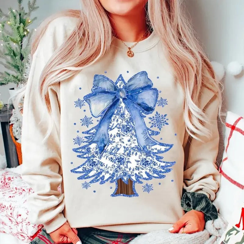Coquette Chinoiserie Christmas Tree Sweatshirt, Coquette Blue Christmas Tree Sweater, Blue Floral Bow Shirt, Winter Holiday Shirt, Xmas Christmas Gift Shirt, Girly Christmas Shirt
