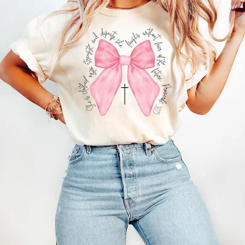 Coquette Christian Pink Bow Faith Tshirt, Bible Verse Shirt, Womens Christian Gifts Tee, Religious Women Gift, Jesus Apparel Top Womenswear Summer