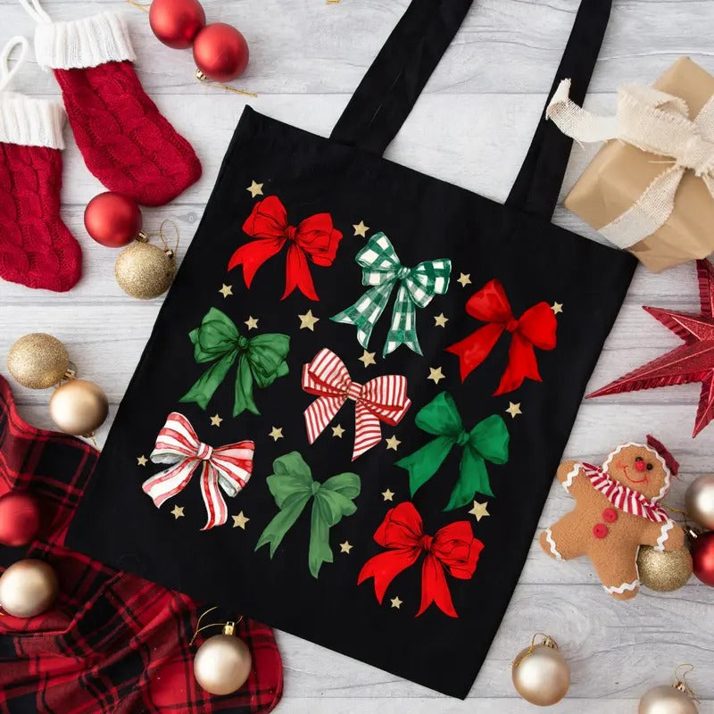Coquette Christma Bows Tote, Cotton Canvas Holiday Tote Bag
