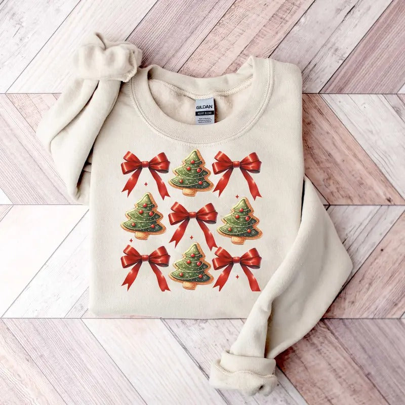 Coquette Christmas Shirt Christmas Tree Cookies Red Bow Sweatshirt Christmas Bow Christmas Cookies Vintage Christmas Sweater for Women Shirt