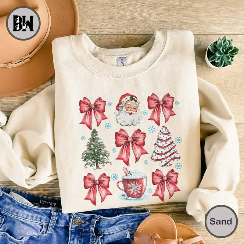 Coquette Christmas T-Shirt, Coquette Bow Sweatshirt, Bow Christmas Tree Sweatshirt, Retro Santa Hot Cocoa Candy Cane Holiday Clothing, Girly Xmas