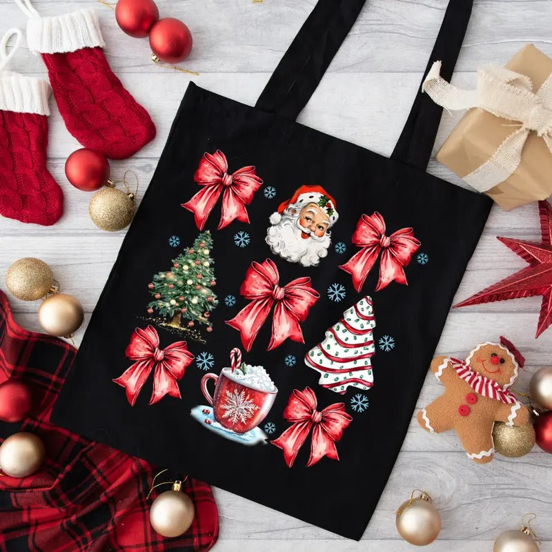 Coquette Christmas Tote, Cotton Canvas Holiday Tote Bag