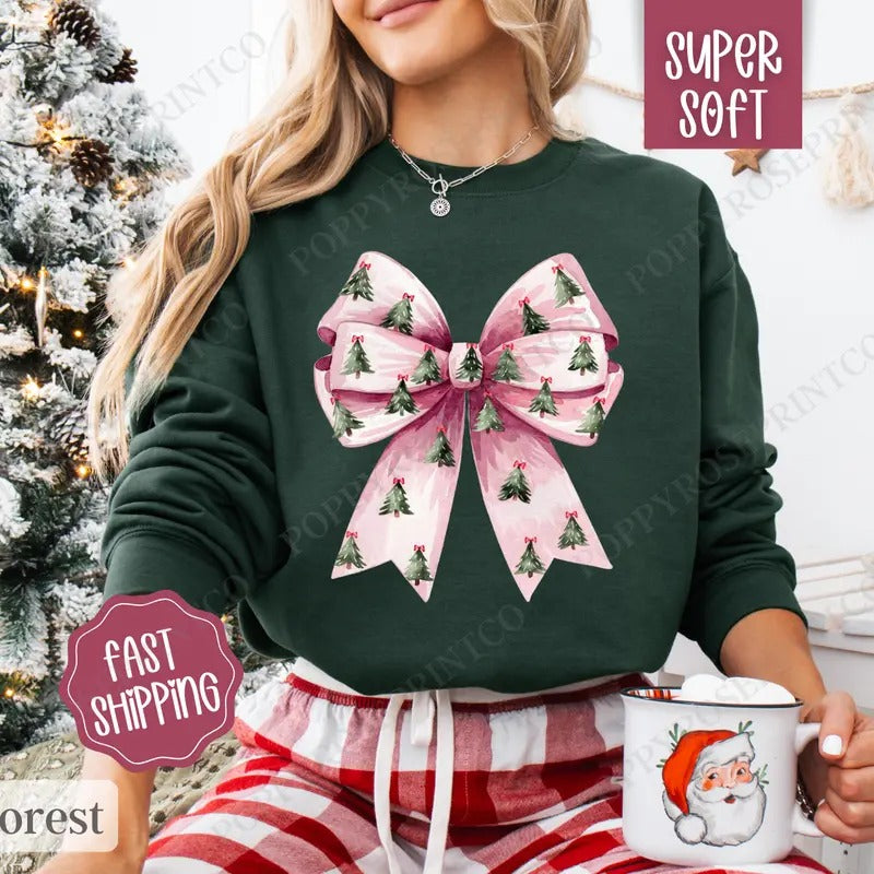 Coquette Christmas Tree Sweatshirt, Christmas Tree Bow Crewneck, Women's Holiday Sweater