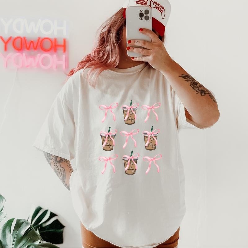 Coquette Coffee and Bow Shirt, Comfort Colors, Checkered Bows Shirt, Women's Band Graphic Tee, Casual Comfy Graphic