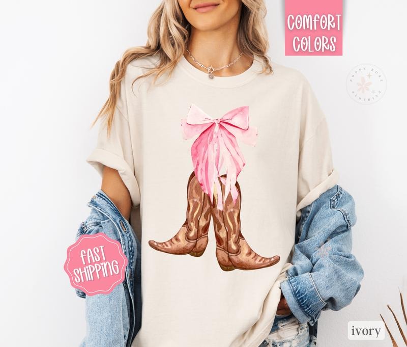 Coquette Cowgirl Boot Shirt Comfort Colors, Cowgirl Tee, Country Music Tshirt, Bow Tshirt, Women's Graphic Tee