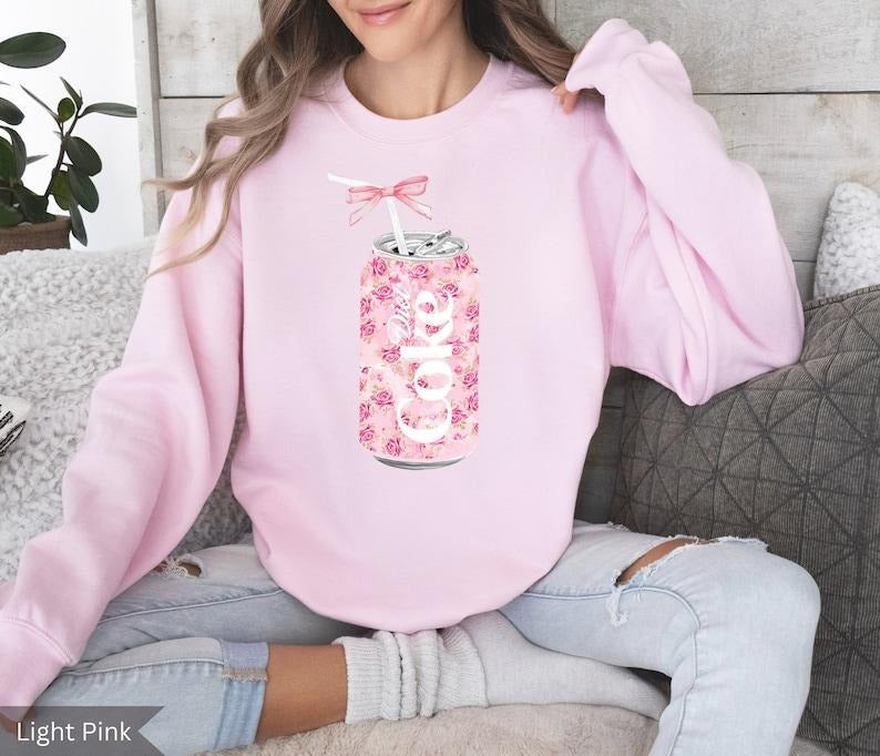 Coquette Diet Coke Sweatshirt, Floral Diet Coke Shirt, Cute Baby Pink Bow Tee, Trendy Soda Can With Roses, Fun Coke Lover...