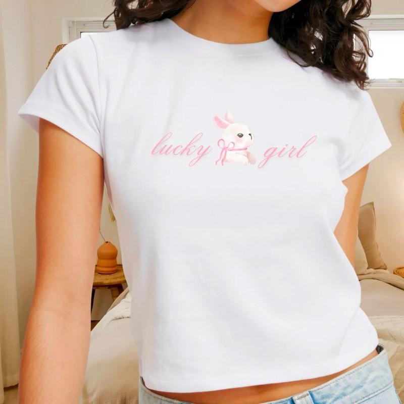 Coquette Easter Baby Tee, Lucky Girl Shirt, Y2k Bunny Tee, Vintage Bunny Shirt Aesthetic, 90s Baby Tee, Soft Girl Aesthetic, Easter Crop Top