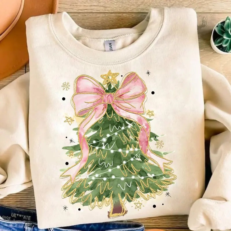 Coquette Glitter Christmas Tree T-Shirt - Watercolor Girly Merry Christmas Bow Sweatshirt - Fabric, Cotton christmas sweatshirt