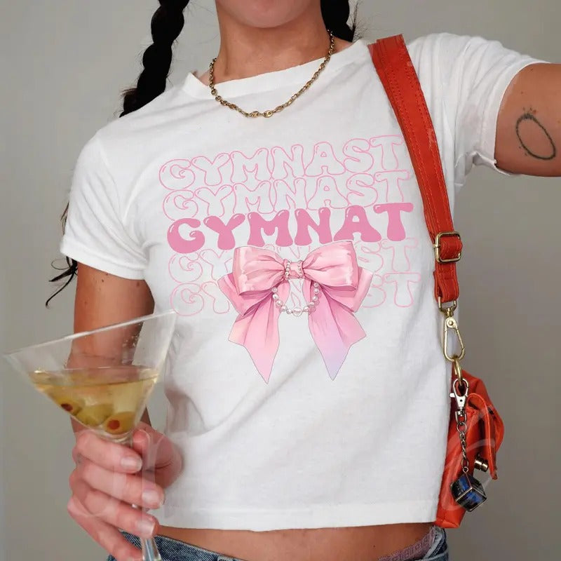 Coquette Gymnastics Baby Tee, Aesthetic Pink Bow Gymnast , Gymnast Team Gift for Athlete, Sports Lovers Tee, Trendy Gym Apparel