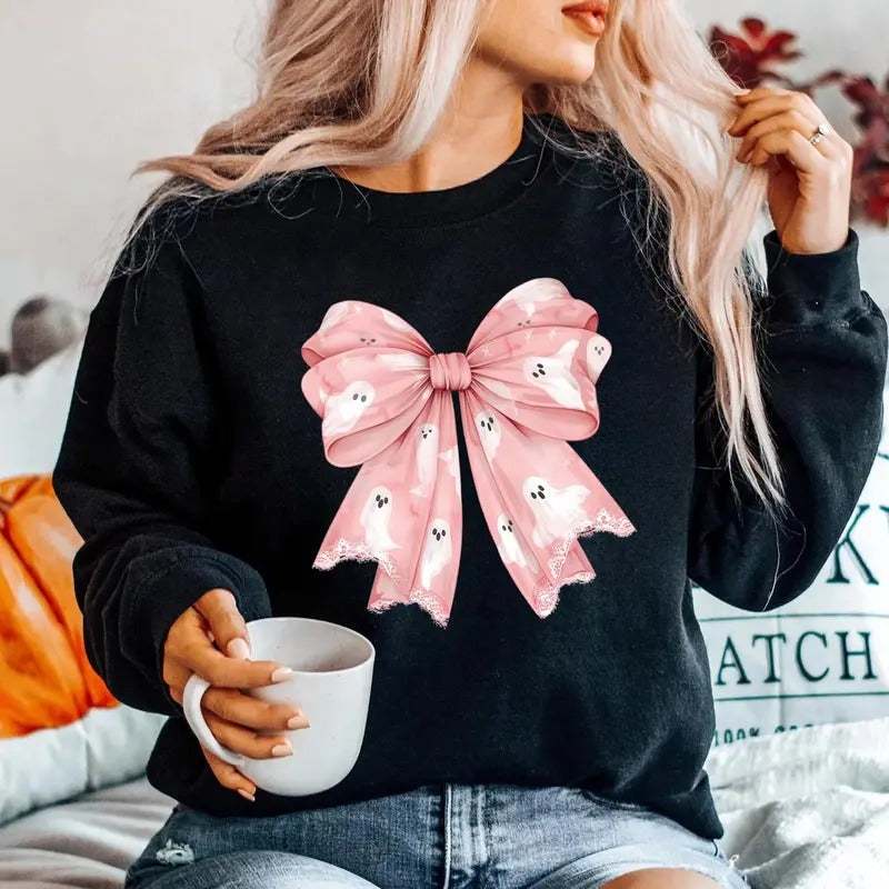 Coquette Halloween Shirt, Coquette Pink Bow Ghost Shirts, Spooky Season, Coquette Halloween, Floral Bows Ribbons,...