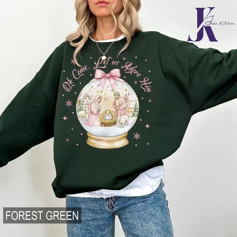 Coquette Jesus Christmas Shirt, Oh Come Let Us Adore Him Shirt, Nativity Scene Christmas Sweatshirt, Baby Jesus Tee, Oh Holy Night, Hand Drawn