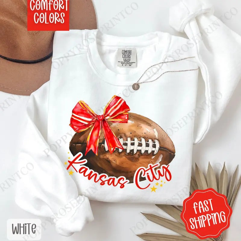 Coquette Kansas City Football Bow Comfort Colors Sweatshirt, St Patrick's Day Women's Crewneck, Cute Women's Sweater